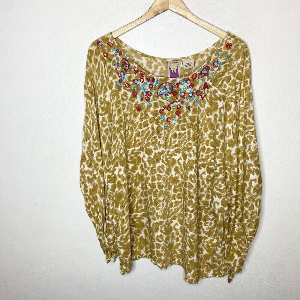 Original‎ Anthony Beaded Animal Print Top Tie Sleeves Boho Artsy Women’s Large